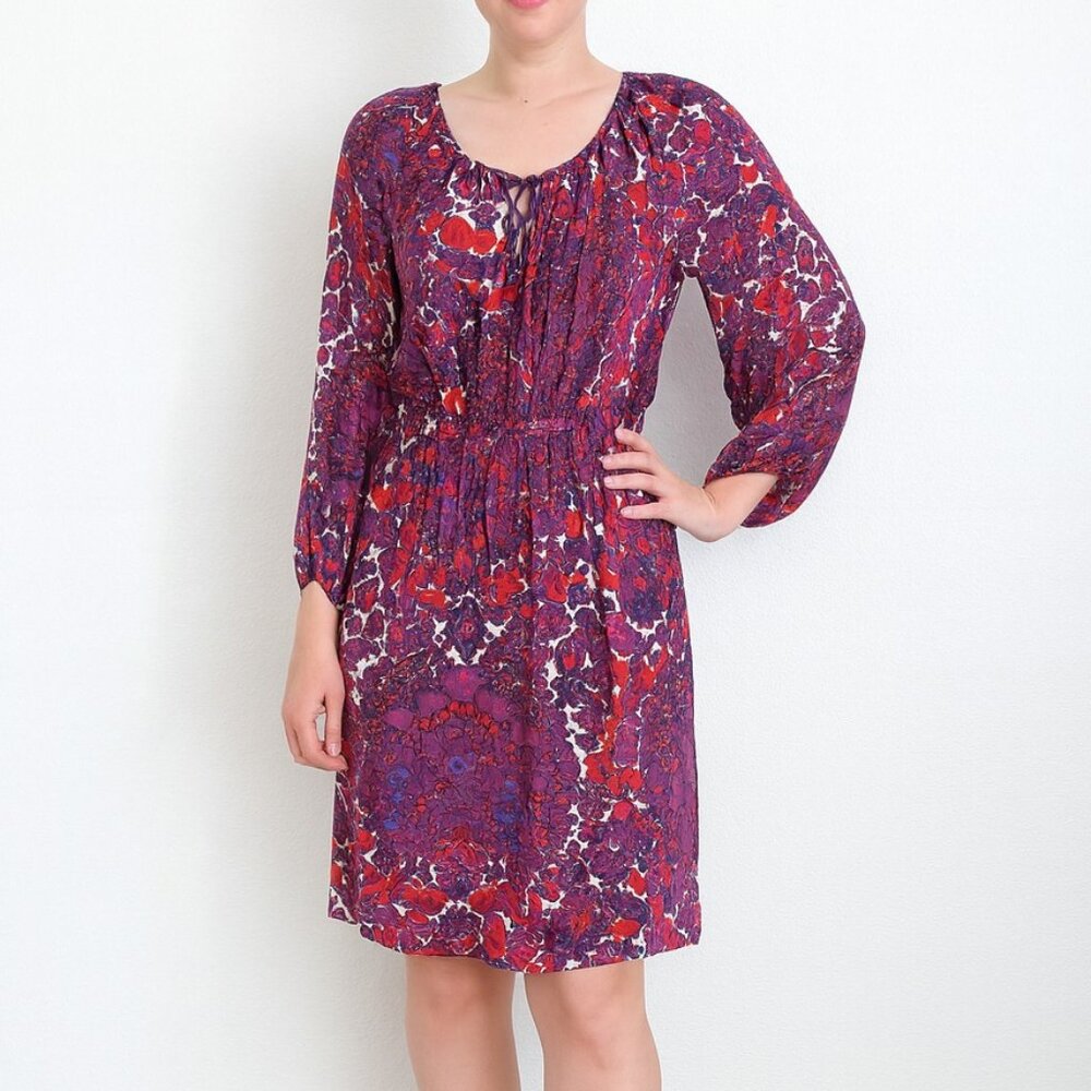 Trina Turk 2 XS / S 100% Silk Purple Floral A-Line Dress Balloon Sleeve‎ Shirred